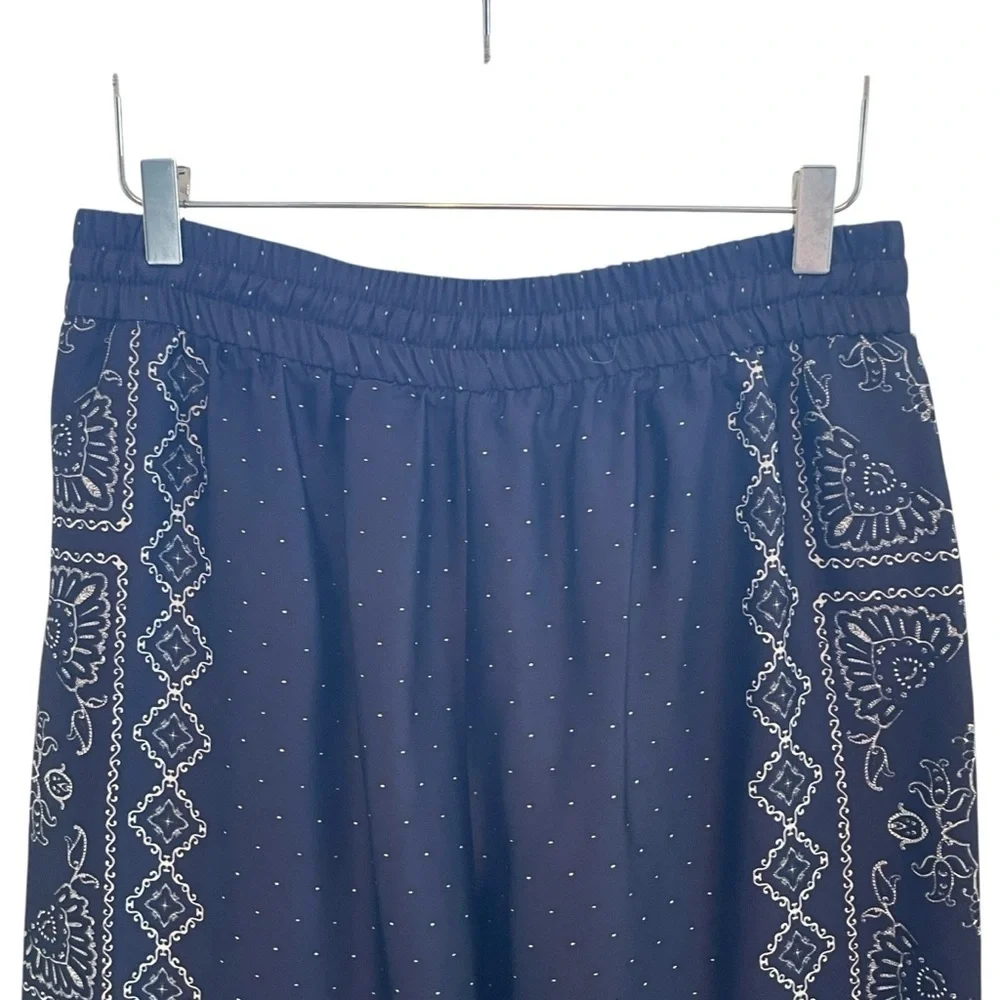 Zara Blue and White Wide Leg Palazzo Pants with Paisley Print Size L NWT